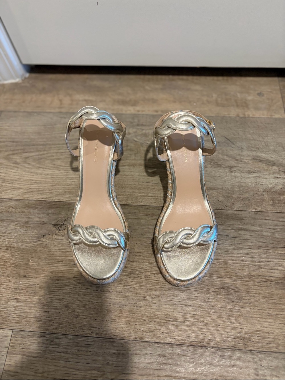Stuart Weitzman Metallic Gold Braided-Strap Heeled Espadrilles